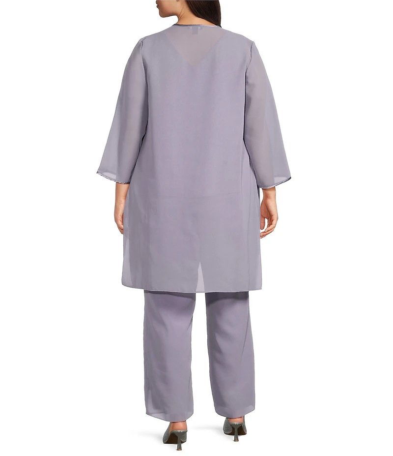 Le Bos Plus Size Pebble Georgette Satin Trim Beaded Scoop Neck 3/4 Sleeve 3-Piece Pant Set