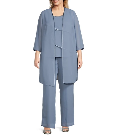 Le Bos Plus Size Pebble Georgette Satin Trim Beaded Scoop Neck 3/4 Sleeve 3-Piece Pant Set