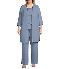 Le Bos Plus Size Pebble Georgette Satin Trim Beaded Scoop Neck 3/4 Sleeve 3-Piece Pant Set