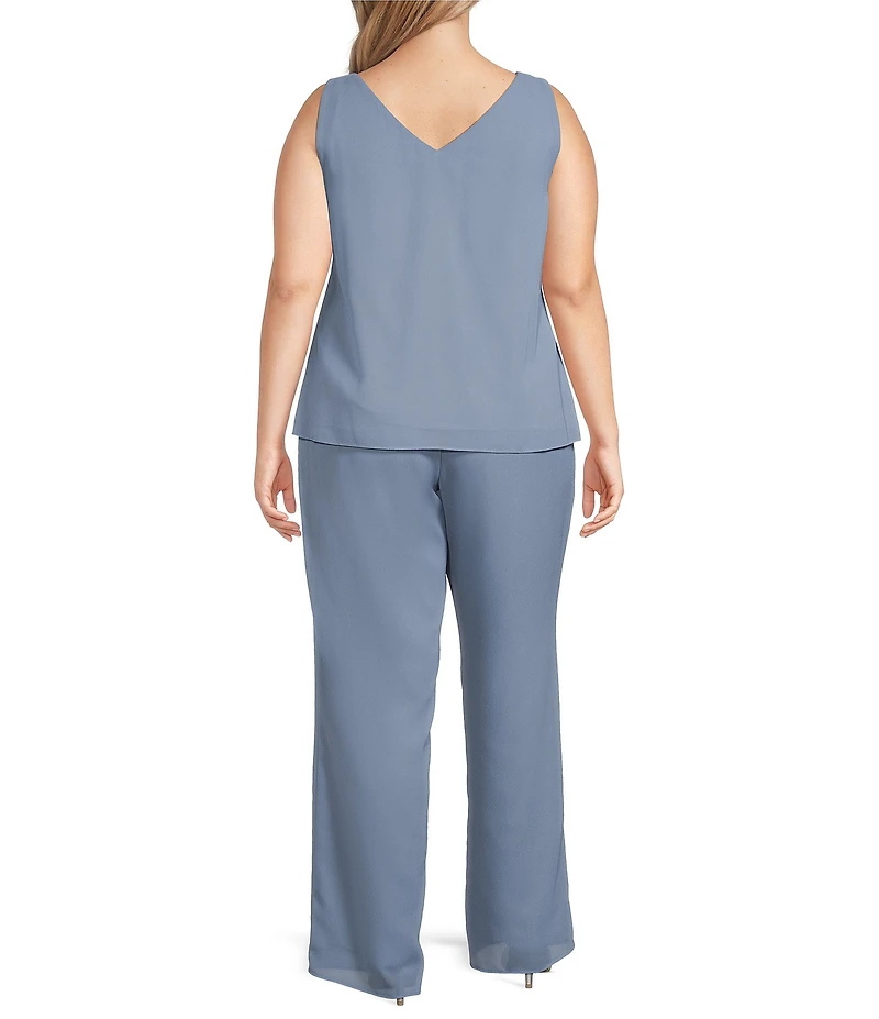 Le Bos Plus Size Pebble Georgette Satin Trim Beaded Scoop Neck 3/4 Sleeve 3-Piece Pant Set