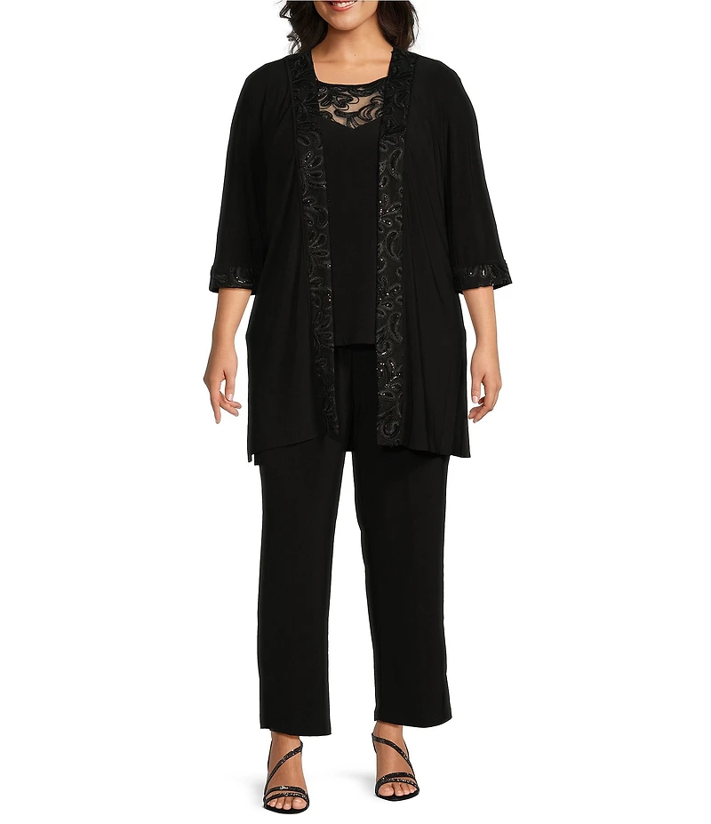Le Bos Plus Size Round Neck 3/4 Sleeve Embroidered Trim Duster 3-Piece Pant Set