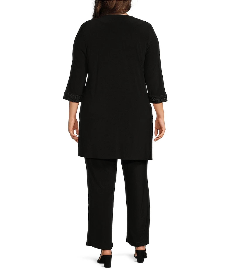 Le Bos Plus Size Round Neck 3/4 Sleeve Embroidered Trim Duster 3-Piece Pant Set