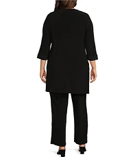 Le Bos Plus Size Round Neck 3/4 Sleeve Embroidered Trim Duster 3-Piece Pant Set