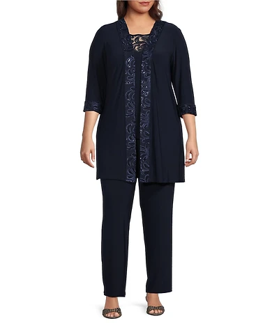 Le Bos Plus Size Round Neck 3/4 Sleeve Embroidered Trim Duster 3-Piece Pant Set