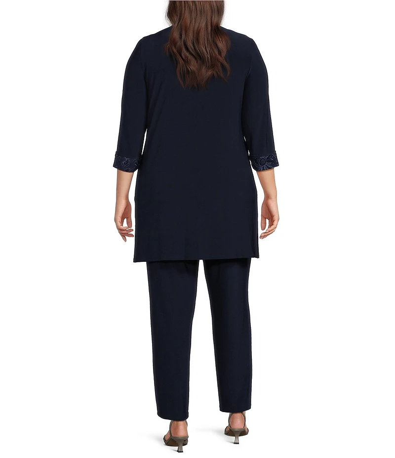 Le Bos Plus Size Round Neck 3/4 Sleeve Embroidered Trim Duster 3-Piece Pant Set