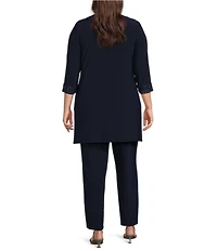 Le Bos Plus Size Round Neck 3/4 Sleeve Embroidered Trim Duster 3-Piece Pant Set