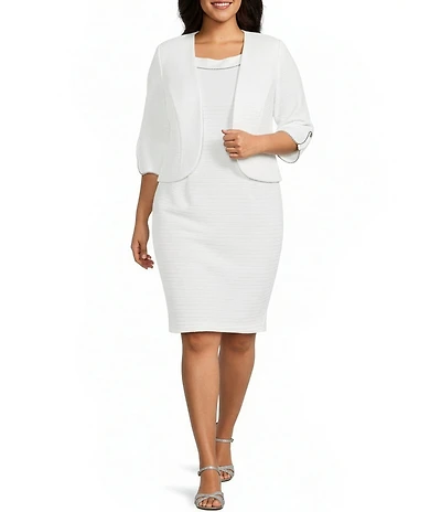 Le Bos Plus Size Round Neck 3/4 Sleeve Rhinestone Trim Textured 2-Piece Jacket Dress