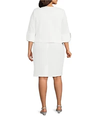 Le Bos Plus Size Round Neck 3/4 Sleeve Rhinestone Trim Textured 2-Piece Jacket Dress