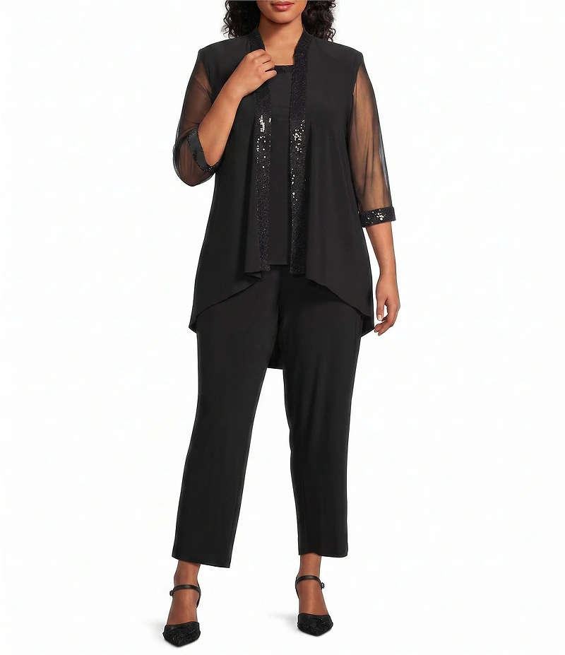 Le Bos Plus Size Round Neck 3/4 Sleeve Sequin Trim 3-Piece Pant Set