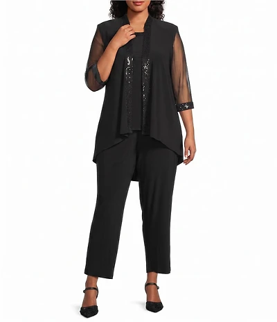 Le Bos Plus Size Round Neck 3/4 Sleeve Sequin Trim 3-Piece Pant Set