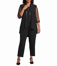 Le Bos Plus Size Round Neck 3/4 Sleeve Sequin Trim 3-Piece Pant Set