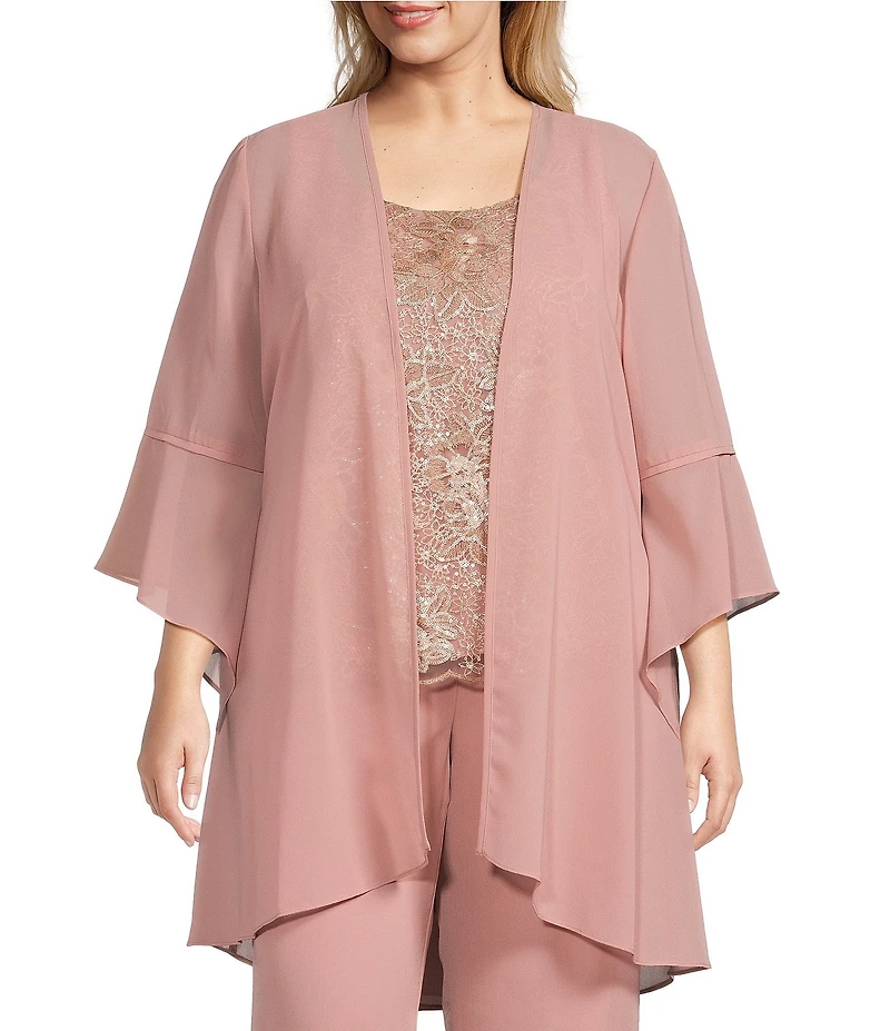 Le Bos Plus Size Scoop Neck 3/4 Sleeve 3-Piece Bell Sleeve Duster Pant Set