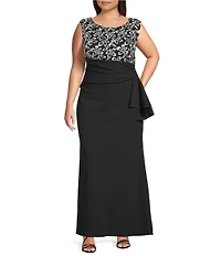 Le Bos Plus Size Scuba Crepe Floral Embroidered Top Cascade Side Fit And Flare Gown