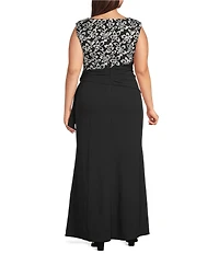 Le Bos Plus Size Scuba Crepe Floral Embroidered Top Cascade Side Fit And Flare Gown