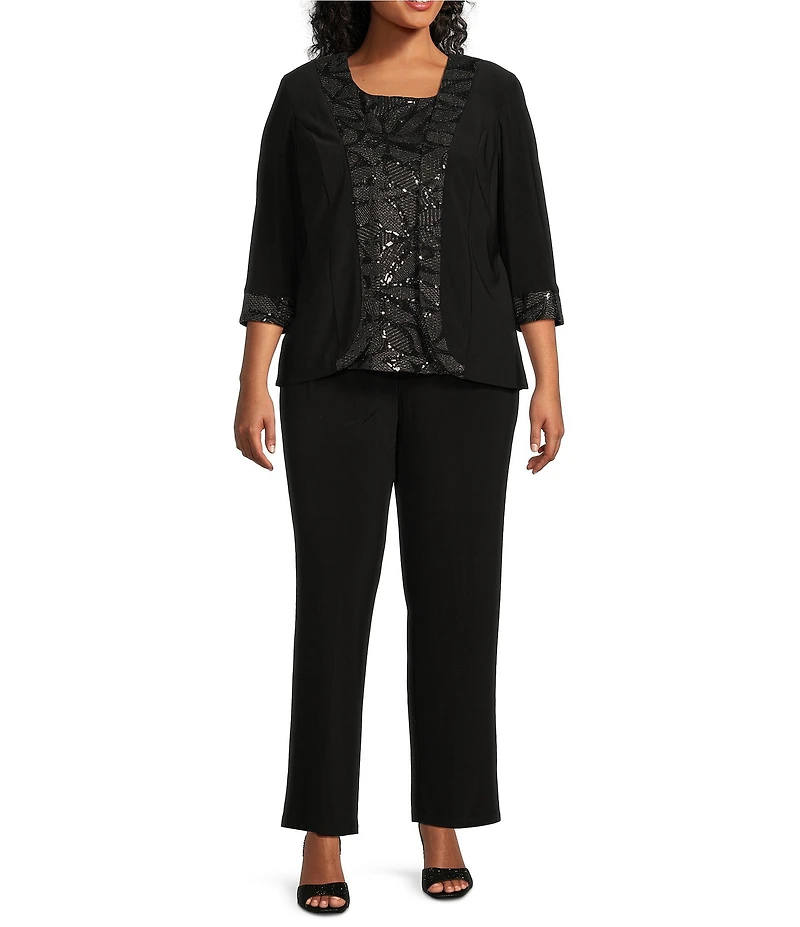 Le Bos Plus Size Sequin Embroidered Trim Crew Neck 3/4 Sleeve 3-Piece Pantsuit