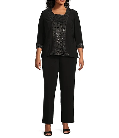 Le Bos Plus Size Sequin Embroidered Trim Crew Neck 3/4 Sleeve 3-Piece Pantsuit