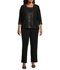 Le Bos Plus Size Sequin Embroidered Trim Crew Neck 3/4 Sleeve 3-Piece Pantsuit