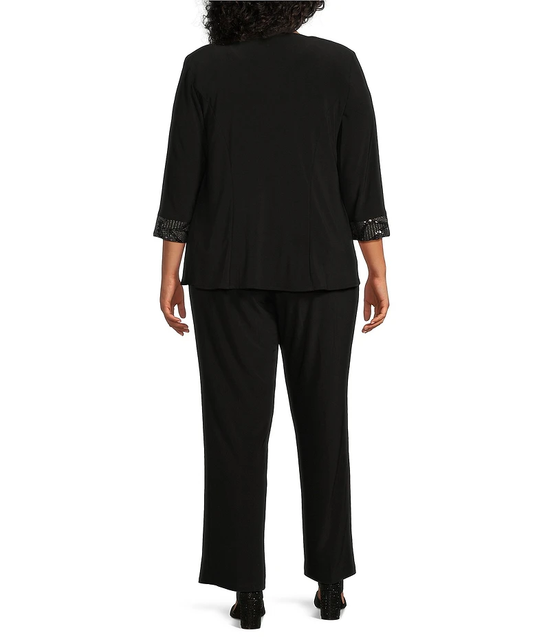 Le Bos Plus Size Sequin Embroidered Trim Crew Neck 3/4 Sleeve 3-Piece Pantsuit