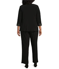 Le Bos Plus Size Sequin Embroidered Trim Crew Neck 3/4 Sleeve 3-Piece Pantsuit