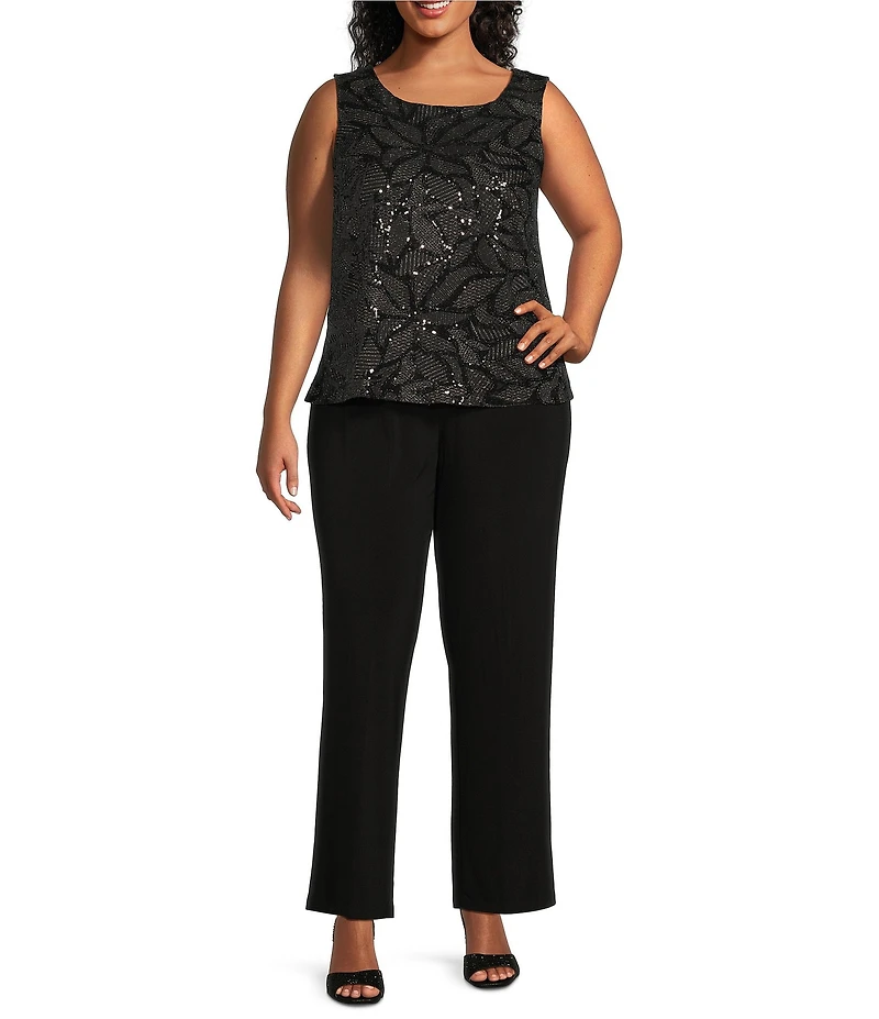 Le Bos Plus Size Sequin Embroidered Trim Crew Neck 3/4 Sleeve 3-Piece Pantsuit