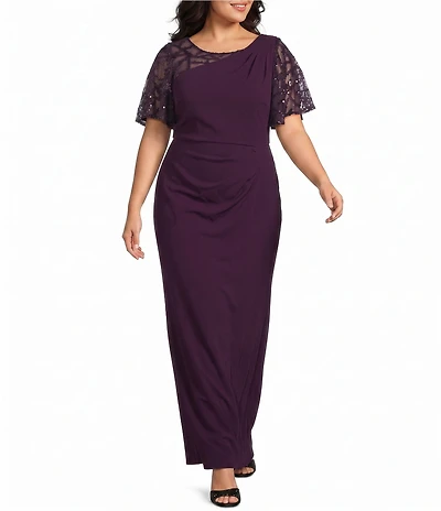 Le Bos Plus Size Sequin Mesh Trim Ruched Shoulder Long Dress