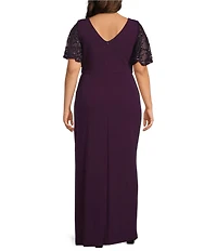 Le Bos Plus Size Sequin Mesh Trim Ruched Shoulder Long Dress