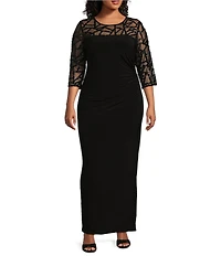 Le Bos Plus Size Stretch Sequin Lace Mesh Crew Neck 3/4 Illusion Sleeve Back Slit Column Dress