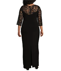 Le Bos Plus Size Stretch Sequin Lace Mesh Crew Neck 3/4 Illusion Sleeve Back Slit Column Dress