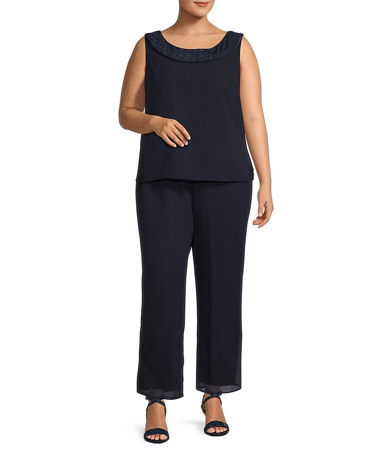 Le Bos Plus Size Round Neck 3/4 Sleeve Georgette Tonal Trim Evening 3-Piece Pant Set