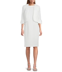 Le Bos Round Neck 3/4 Sleeve Rhinestone Trim Textured 2-Piece Jacket Dress