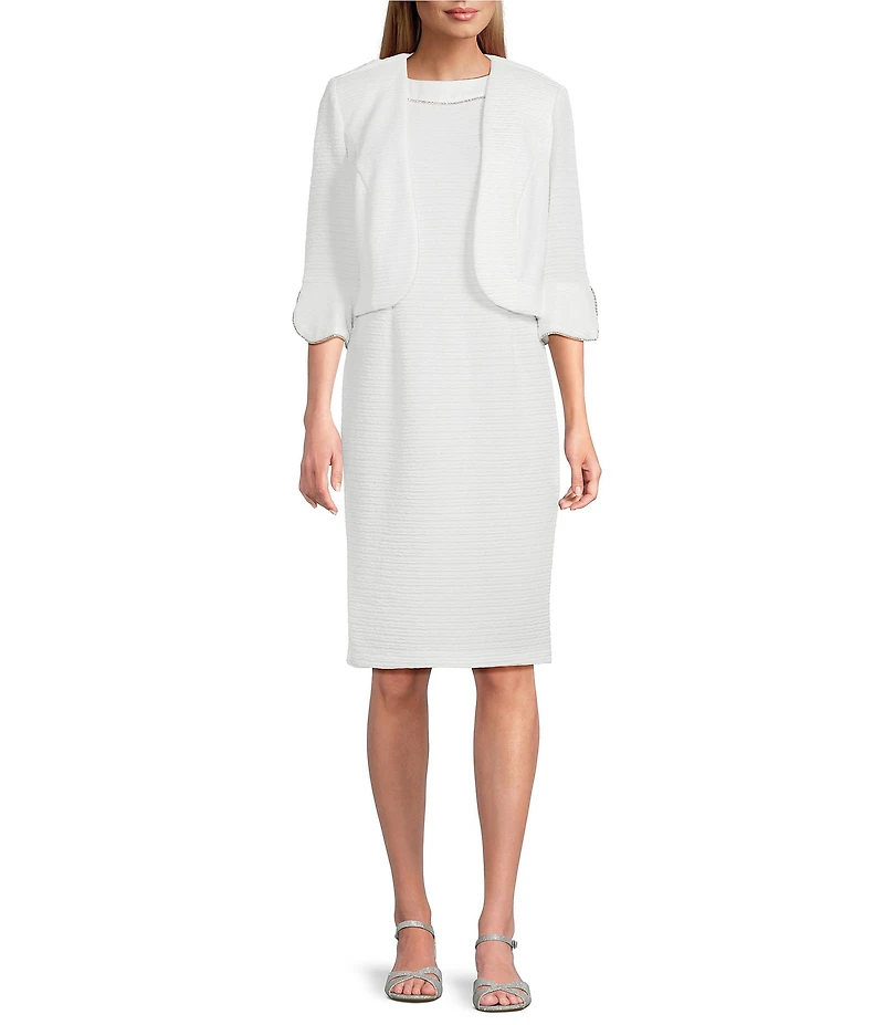 Le Bos Round Neck 3/4 Sleeve Rhinestone Trim Textured 2-Piece Jacket Dress