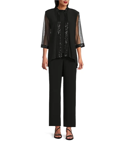 Le Bos Round Neck 3/4 Sleeve Sequin Trim Duster 3-Piece Pantsuit Set