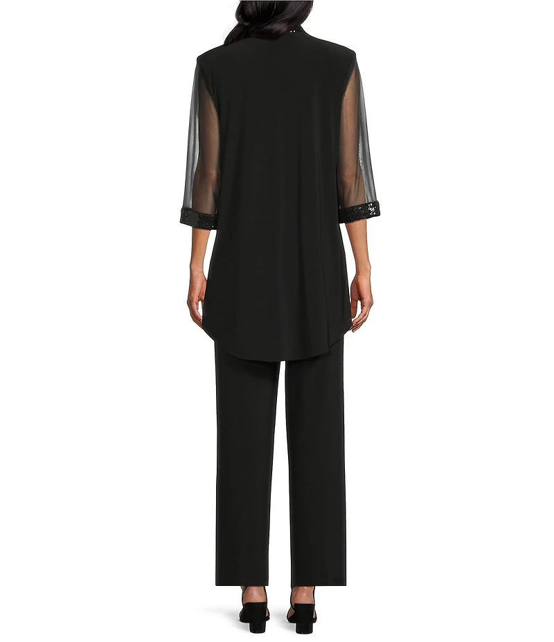 Le Bos Round Neck 3/4 Sleeve Sequin Trim Duster 3-Piece Pantsuit Set
