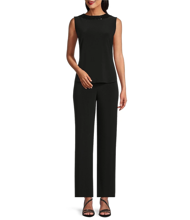 Le Bos Round Neck 3/4 Sleeve Sequin Trim Duster 3-Piece Pantsuit Set