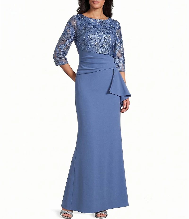 Le Bos Scuba Crepe Floral Bodice Round Neck 3/4 Sleeve Fit-And-Flare Gown