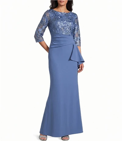Le Bos Scuba Crepe Floral Bodice Round Neck 3/4 Sleeve Fit-And-Flare Gown