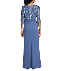 Le Bos Scuba Crepe Floral Bodice Round Neck 3/4 Sleeve Fit-And-Flare Gown