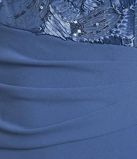 Le Bos Scuba Crepe Floral Bodice Round Neck 3/4 Sleeve Fit-And-Flare Gown