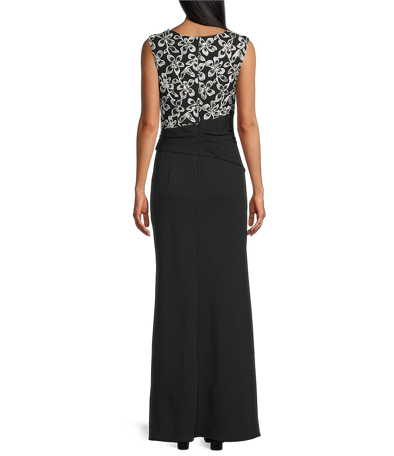 Le Bos Scuba Crepe Floral Embroidered Top Cascade Side Fit And Flare Gown