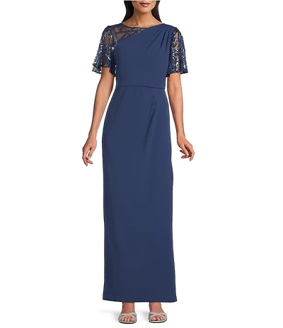 Le Bos Sequin Mesh Trim Ruched Shoulder Long Dress