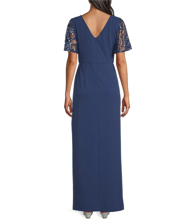 Le Bos Sequin Mesh Trim Ruched Shoulder Long Dress