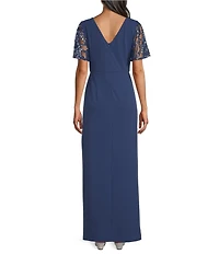 Le Bos Sequin Mesh Trim Ruched Shoulder Long Dress