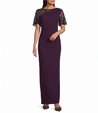 Le Bos Sequin Mesh Trim Ruched Shoulder Long Dress