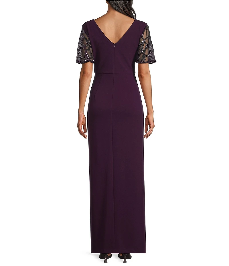 Le Bos Sequin Mesh Trim Ruched Shoulder Long Dress