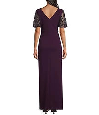 Le Bos Sequin Mesh Trim Ruched Shoulder Long Dress