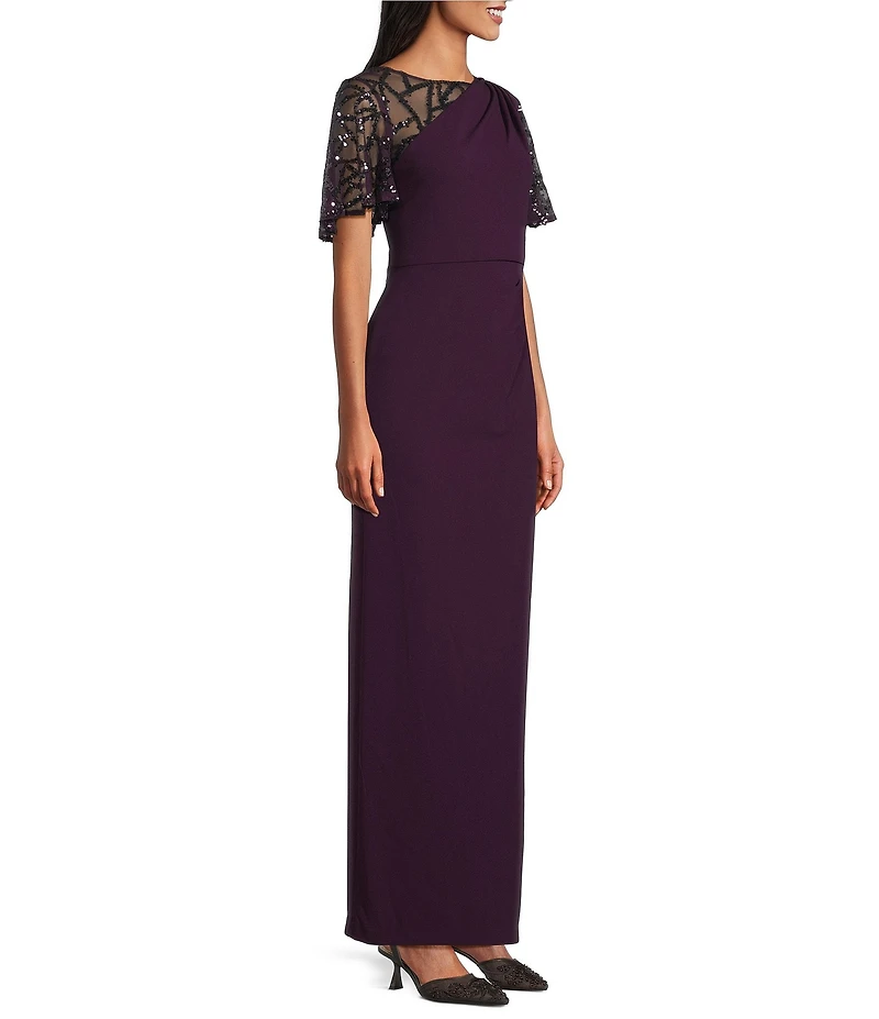 Le Bos Sequin Mesh Trim Ruched Shoulder Long Dress