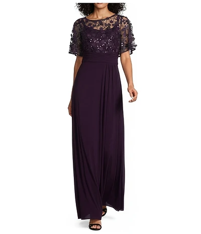 Livia Jolie by Le Bos Short Sleeve Illusion Crew Neck 3D Mesh Floral Embroidered Mesh Maxi Dress