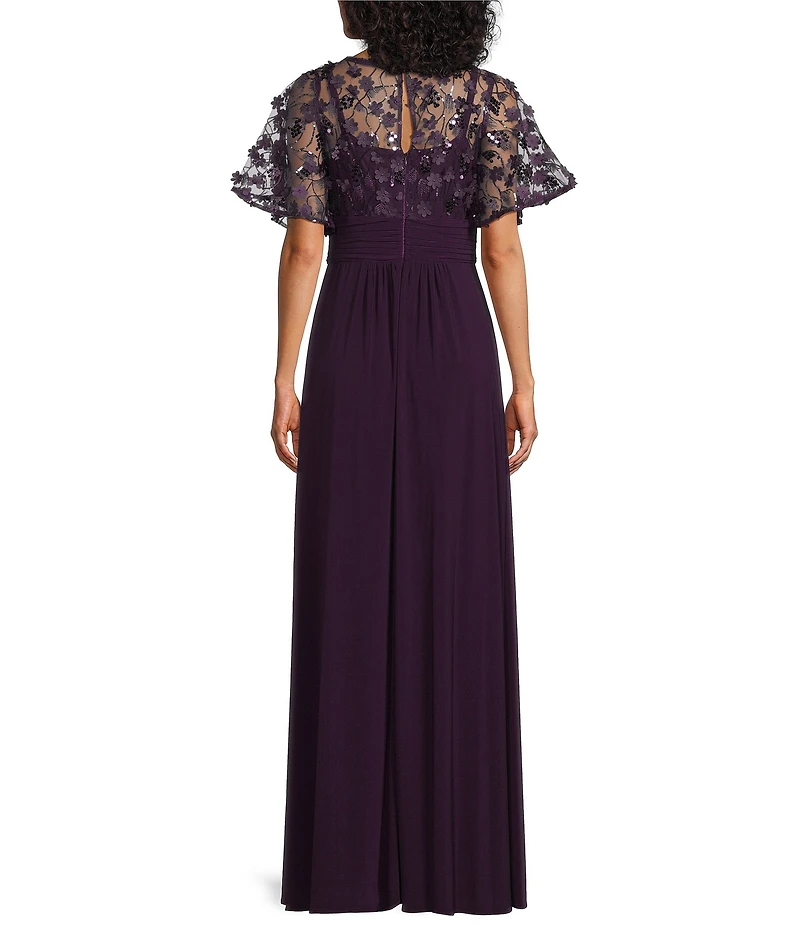 Livia Jolie by Le Bos Short Sleeve Illusion Crew Neck 3D Mesh Floral Embroidered Mesh Maxi Dress