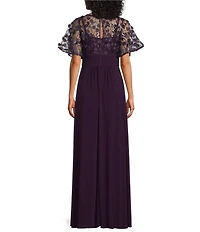 Livia Jolie by Le Bos Short Sleeve Illusion Crew Neck 3D Mesh Floral Embroidered Mesh Maxi Dress