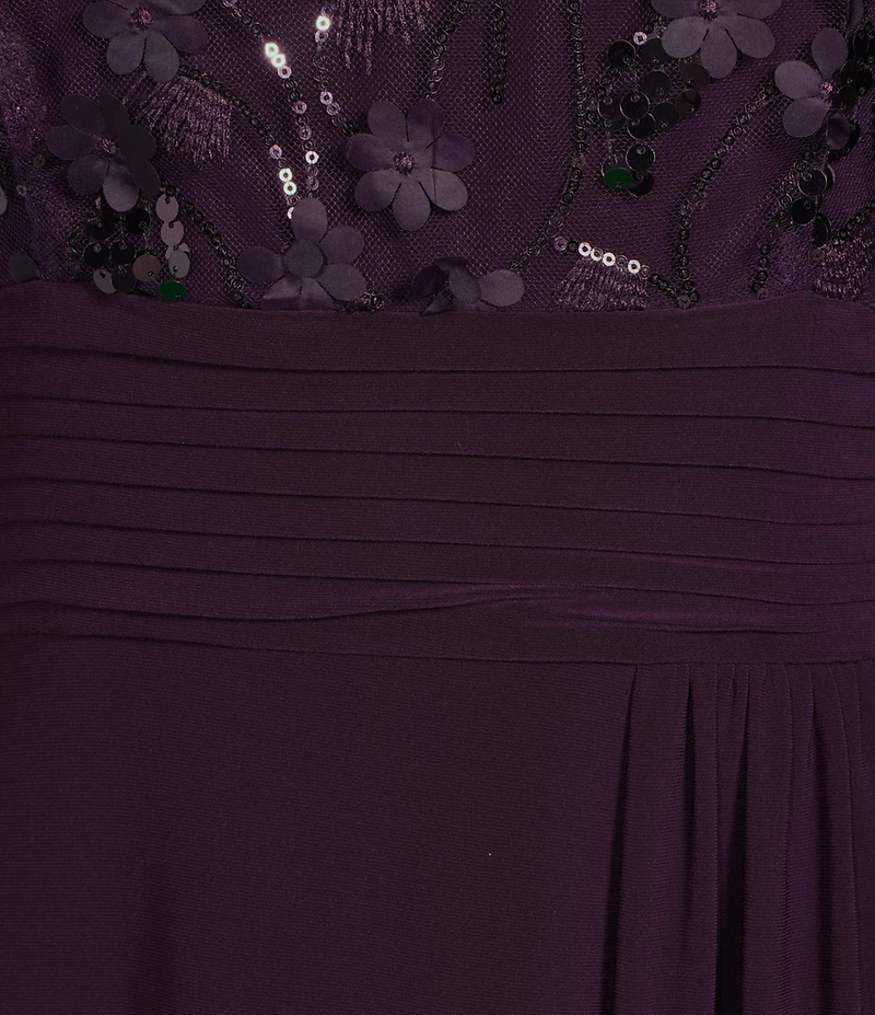 Livia Jolie by Le Bos Short Sleeve Illusion Crew Neck 3D Mesh Floral Embroidered Mesh Maxi Dress